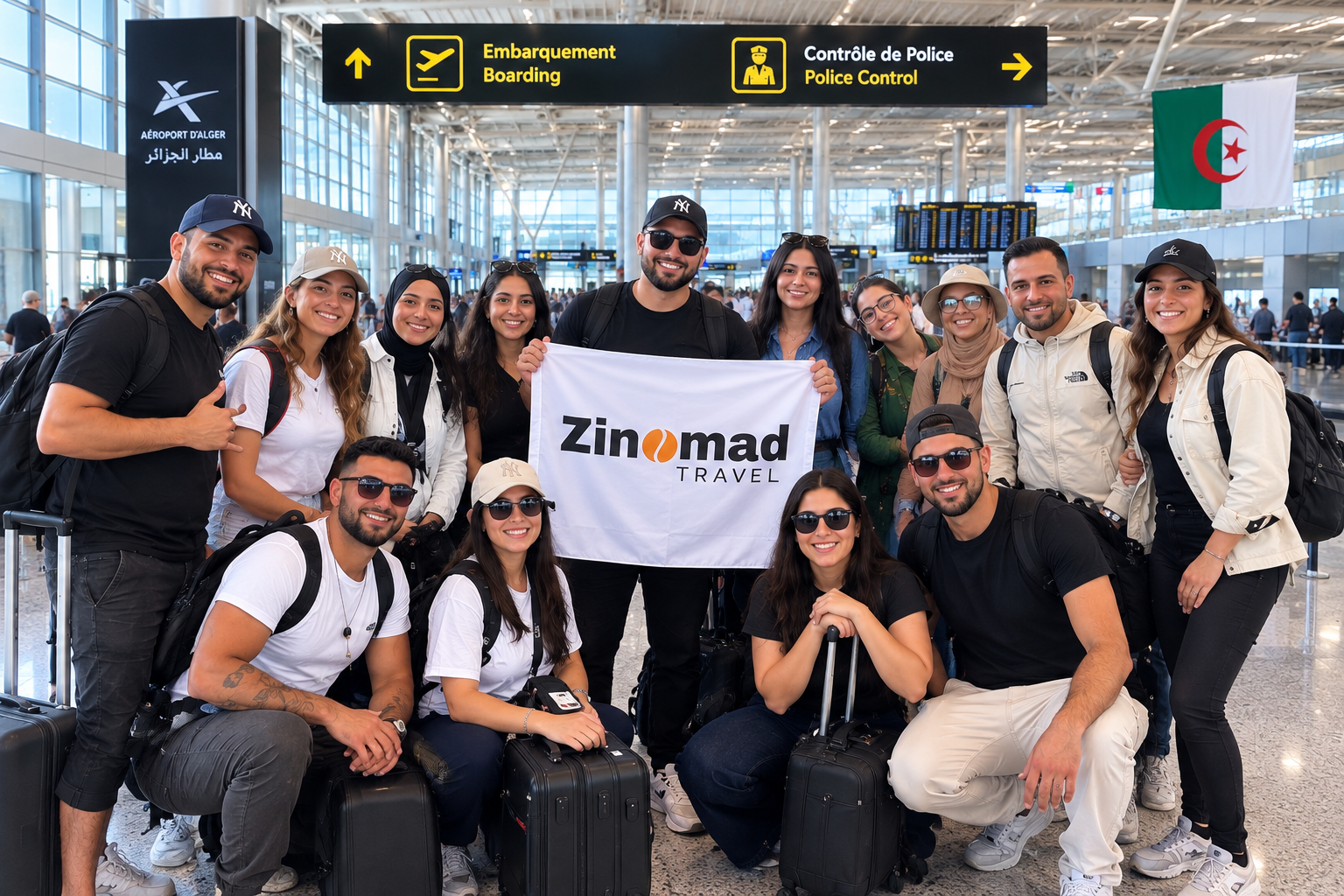 Groupe de voyageurs Zinomad rassemblés à l'aéroport d'Alger avec la bannière du voyage
