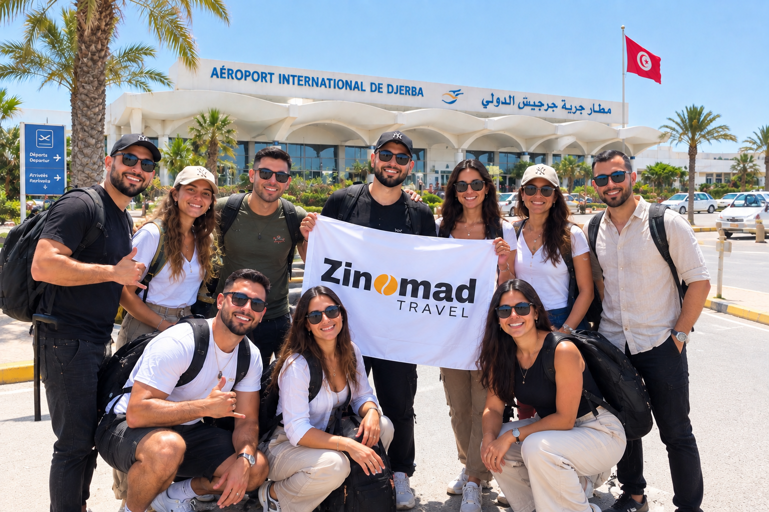 Le groupe Zinomad Travel réuni devant l'aéroport international de Djerba