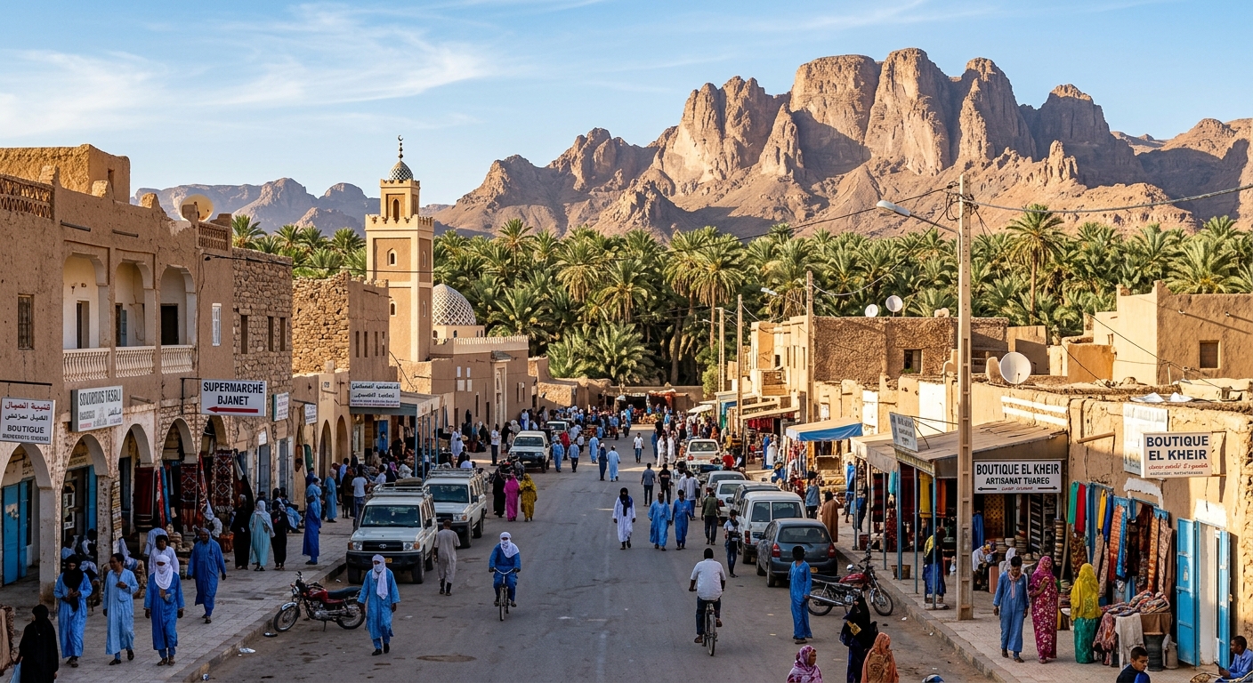 Centre-ville animé de Djanet avec les montagnes du Tassili